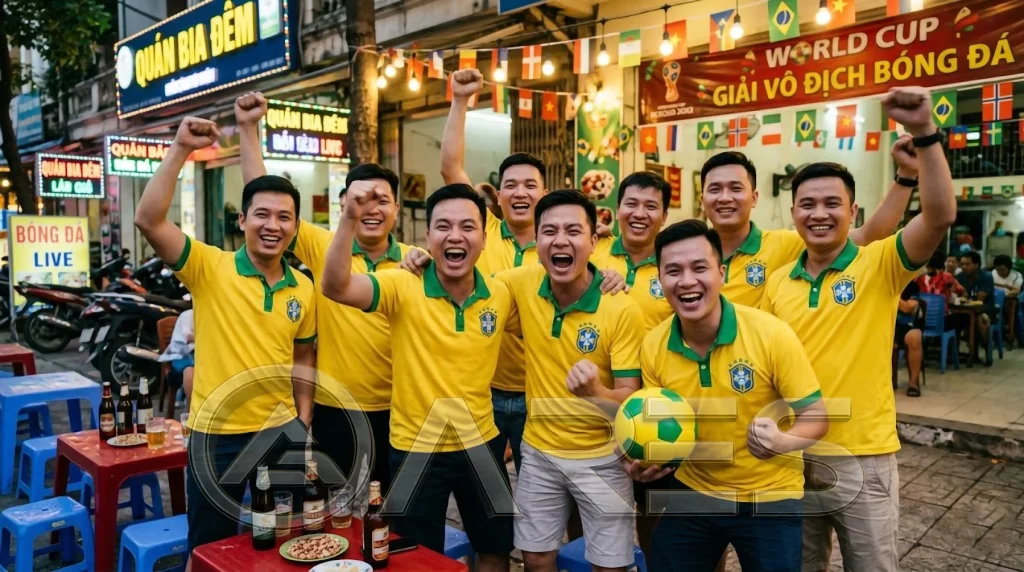 Nhóm 9 anh em Việt Nam mặc áo đội tuyển Brazil vàng xanh ăn mừng tại quán bia đêm trang trí mùa World Cup
