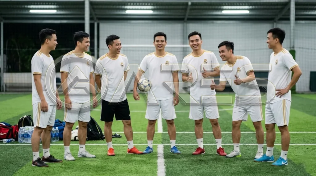 Nhóm 7 anh em văn phòng Việt Nam mặc đồng phục áo Real Madrid trắng vàng trên sân futsal trong nhà, đá vui giải nội bộ