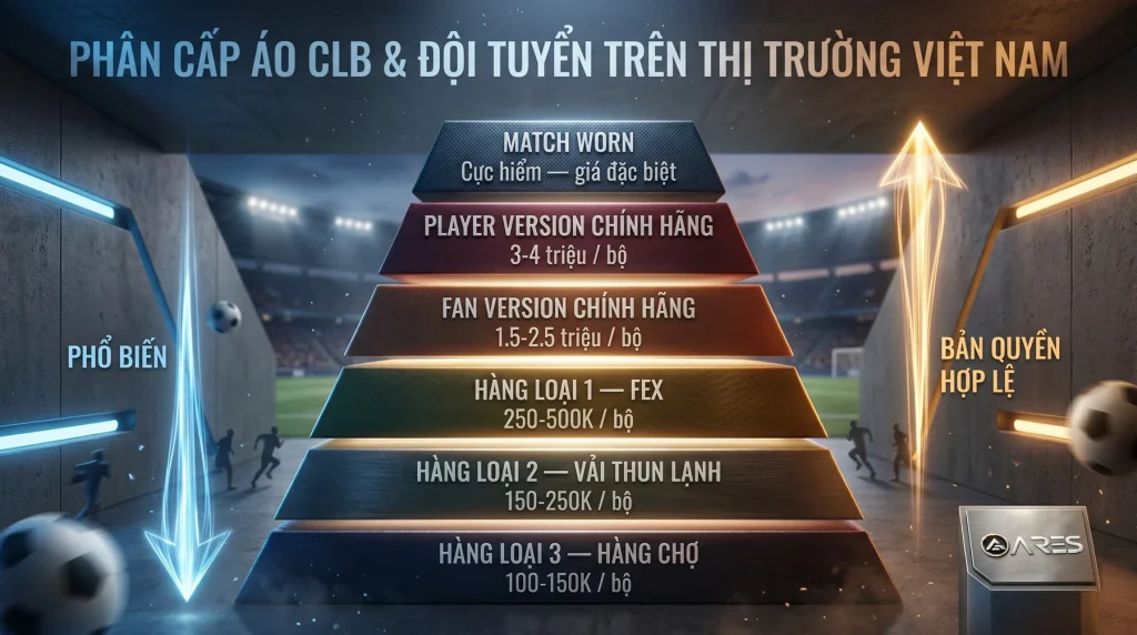 Infographic pyramid 6 tier phân cấp áo CLB và đội tuyển thị trường Việt Nam: Match Worn, Player, Fan, Fex, Loại 2, Loại 3