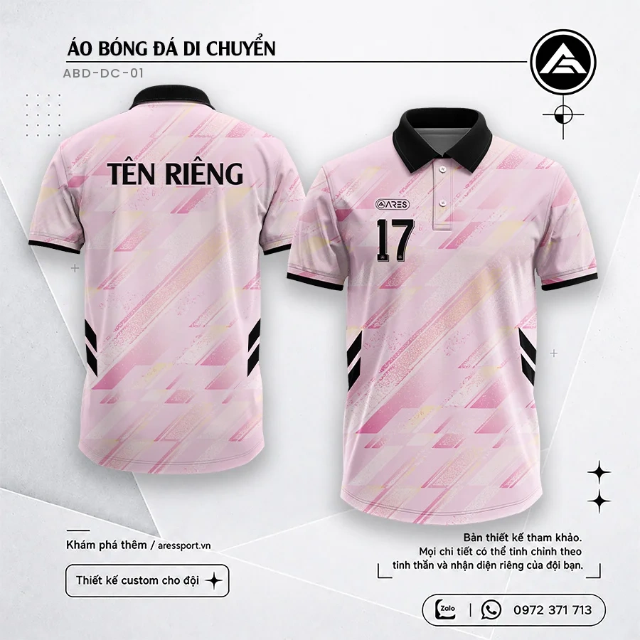 Áo di chuyển Pink Strike ARES màu hồng cổ đen, đồng phục đặt may theo team