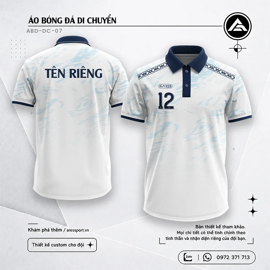 Áo di chuyển Frost Move ARES màu trắng cổ navy, đồng phục đặt may theo team