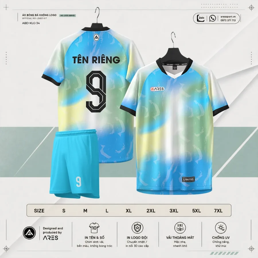 Áo bóng đá không logo ARES Aurora pastel sky gradient sky pastel xanh-vàng kèm quần cyan nhạt và bảng size S đến 7XL