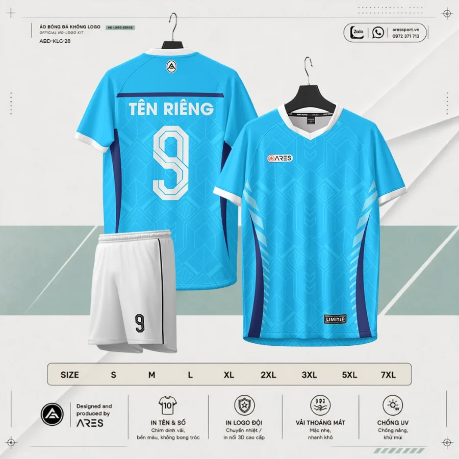 Áo bóng đá không logo ARES Azure xanh sky cyan geo line trắng tối giản kèm quần sky cyan và bảng size S đến 7XL