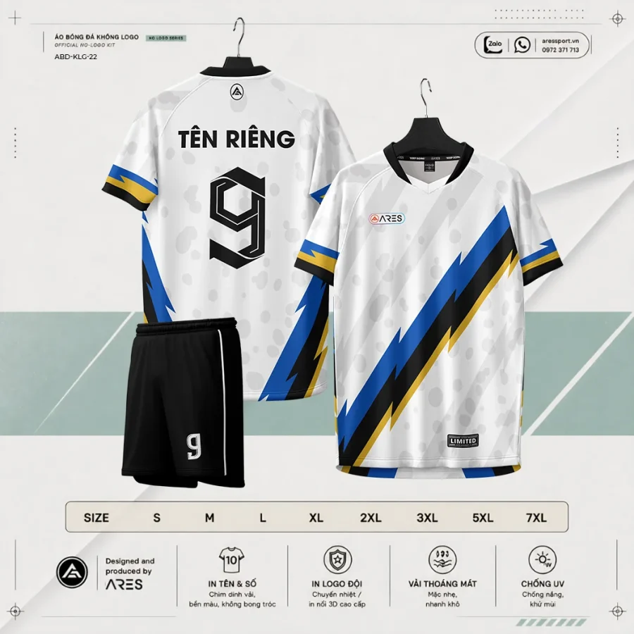 Áo bóng đá không logo ARES Bolt trắng tia chớp xanh dương sáng vàng accent kèm quần xanh và bảng size S đến 7XL