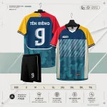 Áo bóng đá không logo ARES Carnival vàng đỏ teal lễ hội đa sắc kèm quần đỏ và bảng size S đến 7XL