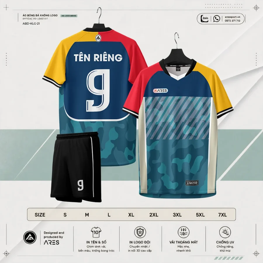 Áo bóng đá không logo ARES Carnival vàng đỏ teal lễ hội đa sắc kèm quần đỏ và bảng size S đến 7XL