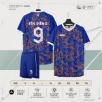 Áo bóng đá không logo ARES Cascade xanh dương royal liquid splash xanh-cam marble kèm quần xanh royal và bảng size S đến 7XL