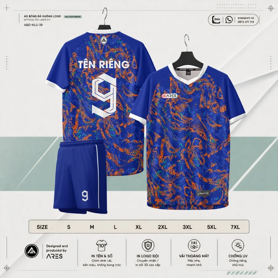 Áo bóng đá không logo ARES Cascade xanh dương royal liquid splash xanh-cam marble kèm quần xanh royal và bảng size S đến 7XL