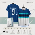 Áo bóng đá không logo ARES Cobalt navy caro hình thoi turquoise kèm quần trắng và bảng size S đến 7XL