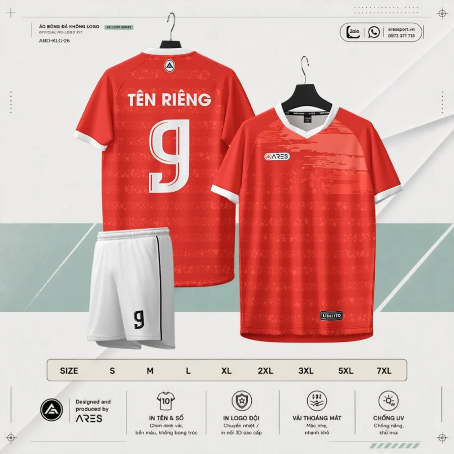 Áo bóng đá không logo ARES Crimson đỏ thẫm sọc dọc đỏ đậm vintage kèm quần đỏ thẫm và bảng size S đến 7XL