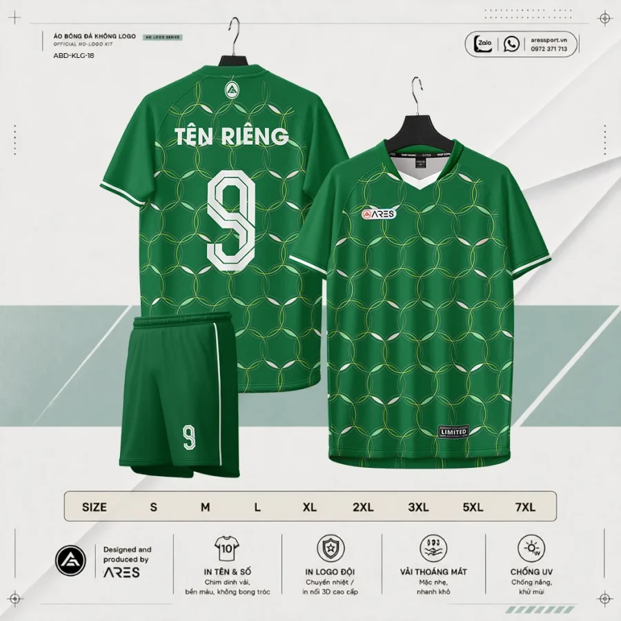 Áo bóng đá không logo ARES Emerald xanh lá rừng lục giác outline trắng vàng kèm quần xanh và bảng size S đến 7XL