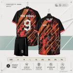 Áo bóng đá không logo ARES Inferno đen đỏ-cam lava brush stroke kèm quần đen và bảng size S đến 7XL
