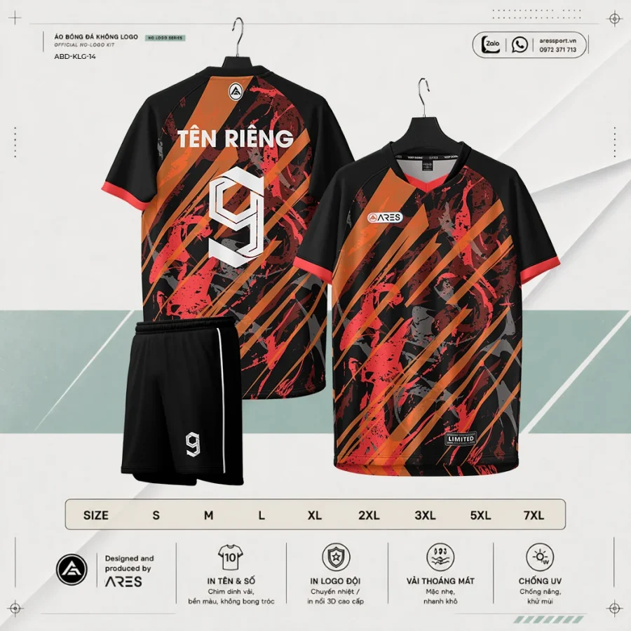 Áo bóng đá không logo ARES Inferno đen đỏ-cam lava brush stroke kèm quần đen và bảng size S đến 7XL
