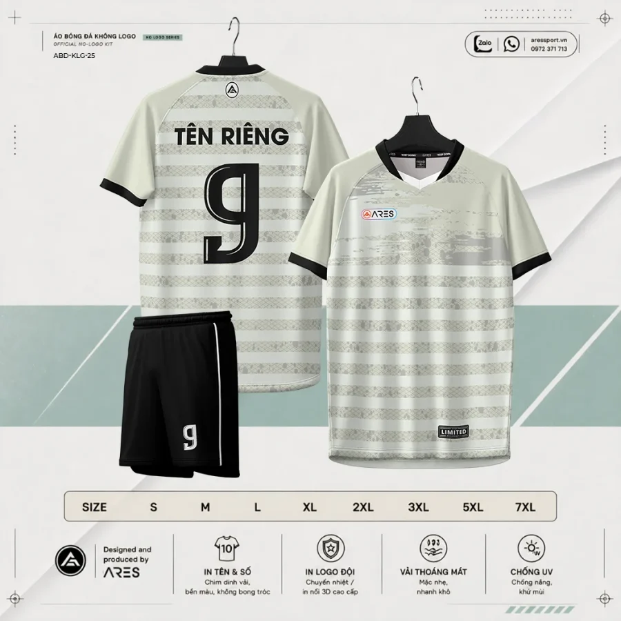 Áo bóng đá không logo ARES Linen kem be sọc dọc xám vintage kèm quần kem be và bảng size S đến 7XL