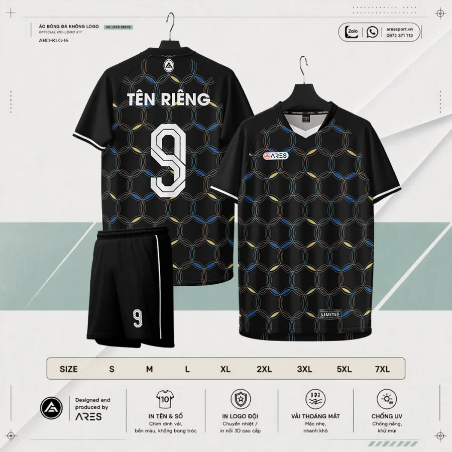Áo bóng đá không logo ARES Mosaic đen lục giác outline đa sắc xanh vàng tím kèm quần đen và bảng size S đến 7XL