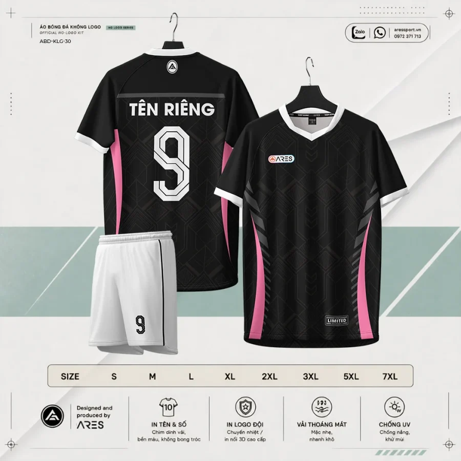 Áo bóng đá không logo ARES Onyx đen viền hình học hồng đậm fashion editorial kèm quần đen và bảng size S đến 7XL