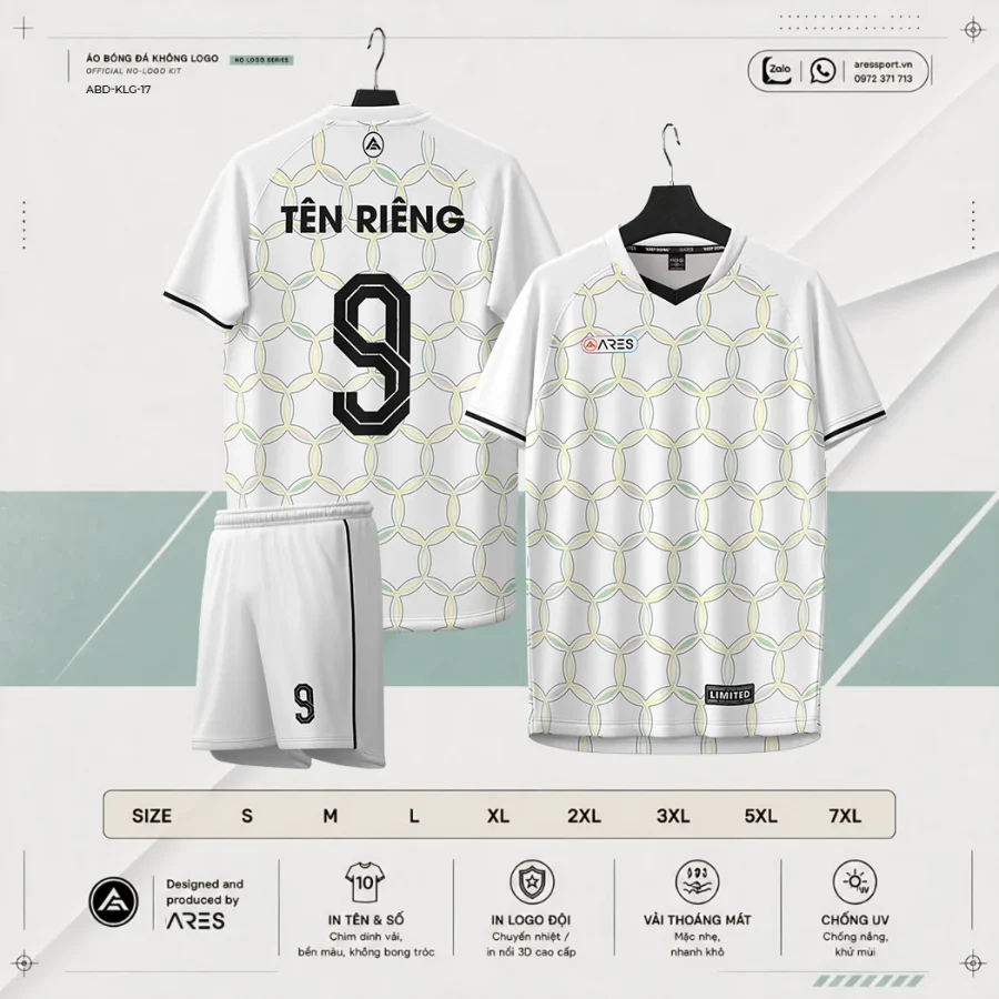 Áo bóng đá không logo ARES Pearl trắng lục giác outline pastel xanh vàng kèm quần trắng và bảng size S đến 7XL