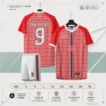 Áo bóng đá không logo ARES Phoenix đỏ tribal Aztec đỏ kèm scale kèm quần trắng và bảng size S đến 7XL