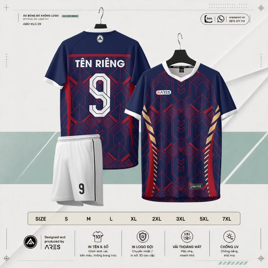 Áo bóng đá không logo ARES Regal navy đỏ rượu vang vàng kim art deco kèm quần navy và bảng size S đến 7XL