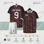 Áo bóng đá không logo ARES Riot đen liquid splash đen-đỏ marble kèm quần trắng và bảng size S đến 7XL