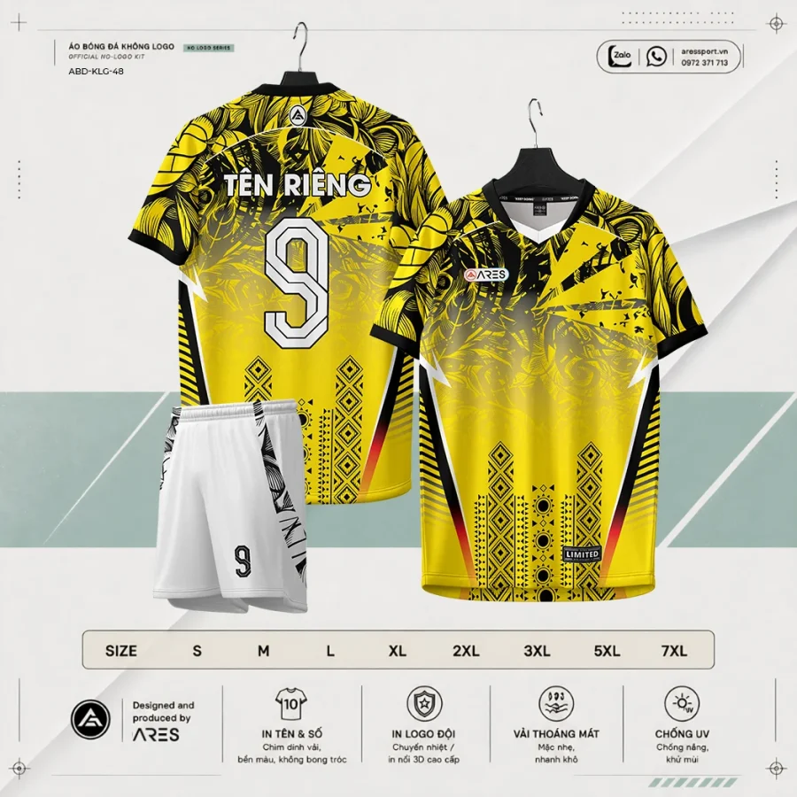 Áo bóng đá không logo ARES Savanna vàng nắng tropical leaf vàng-đen savanna kèm quần đen và bảng size S đến 7XL