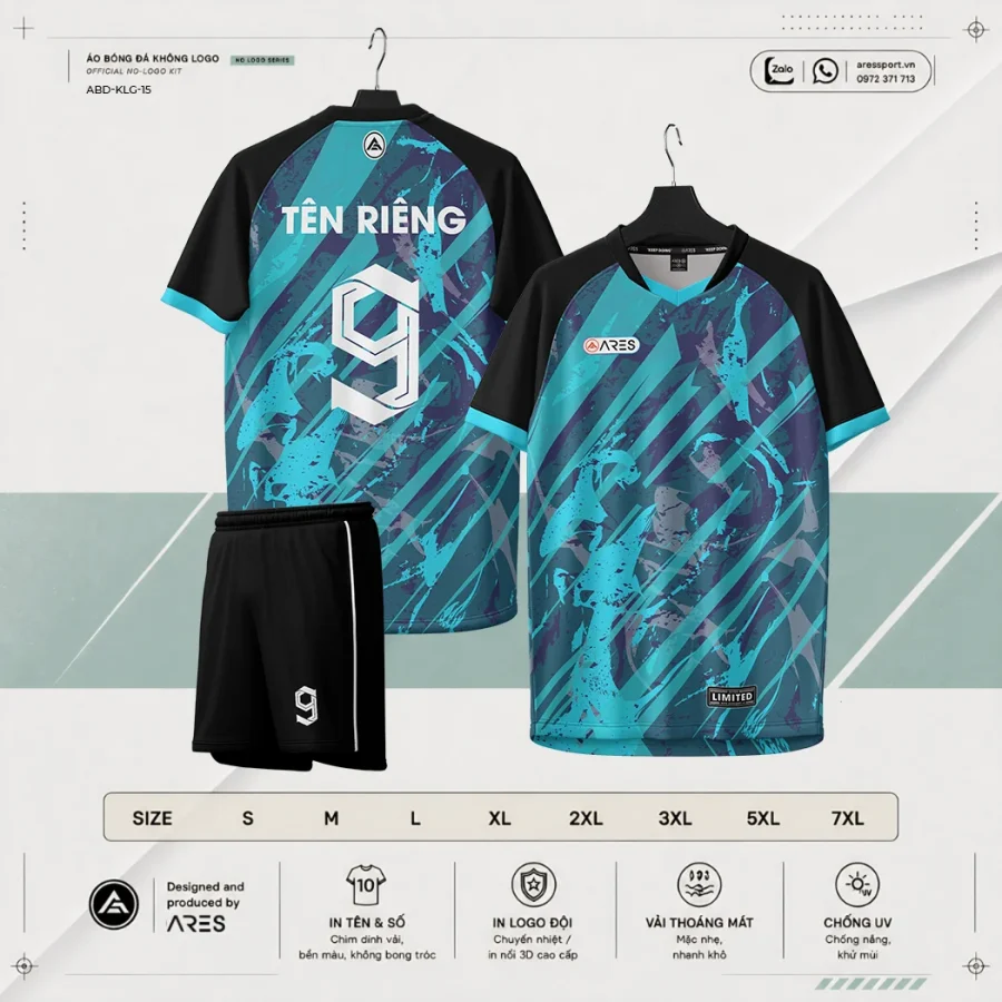 Áo bóng đá không logo ARES Tidal đen xanh ngọc teal brush stroke kèm quần đen và bảng size S đến 7XL