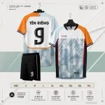 Áo bóng đá không logo ARES Urban trắng panel cam xanh nhạt camo nhẹ kèm quần đen và bảng size S đến 7XL