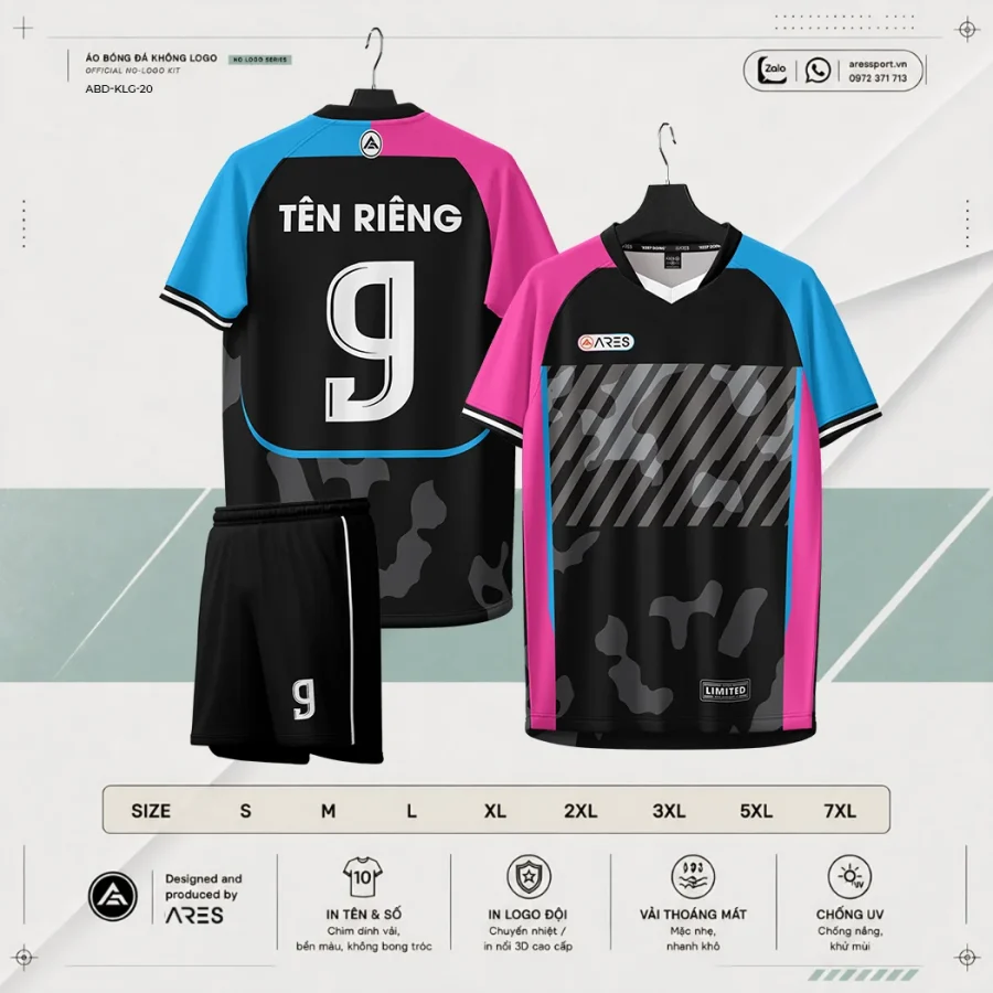 Áo bóng đá không logo ARES Vice đen hồng neon xanh dạ quang Miami 80s kèm quần đen và bảng size S đến 7XL