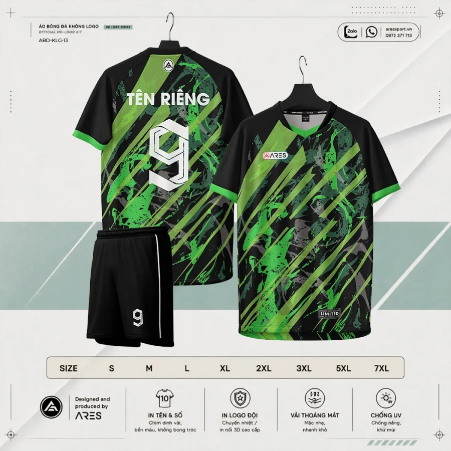 Áo bóng đá không logo ARES Voltage đen xanh lá neon brush stroke kèm quần đen và bảng size S đến 7XL