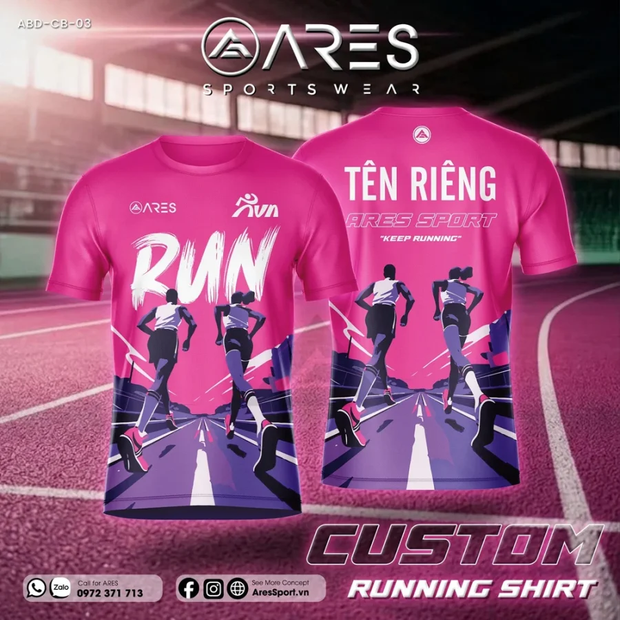 Áo chạy bộ ARES màu hồng phối tím in chữ RUN và hình hai nữ vận động viên chạy — mockup mặt trước và mặt sau in tên