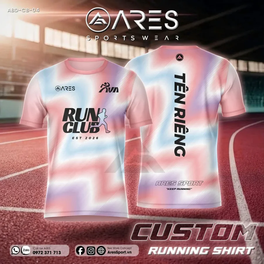 Áo chạy bộ ARES tông pastel loang hồng xanh tím, chữ RUN CLUB EST 2026 màu đen — mockup mặt trước và mặt sau in tên