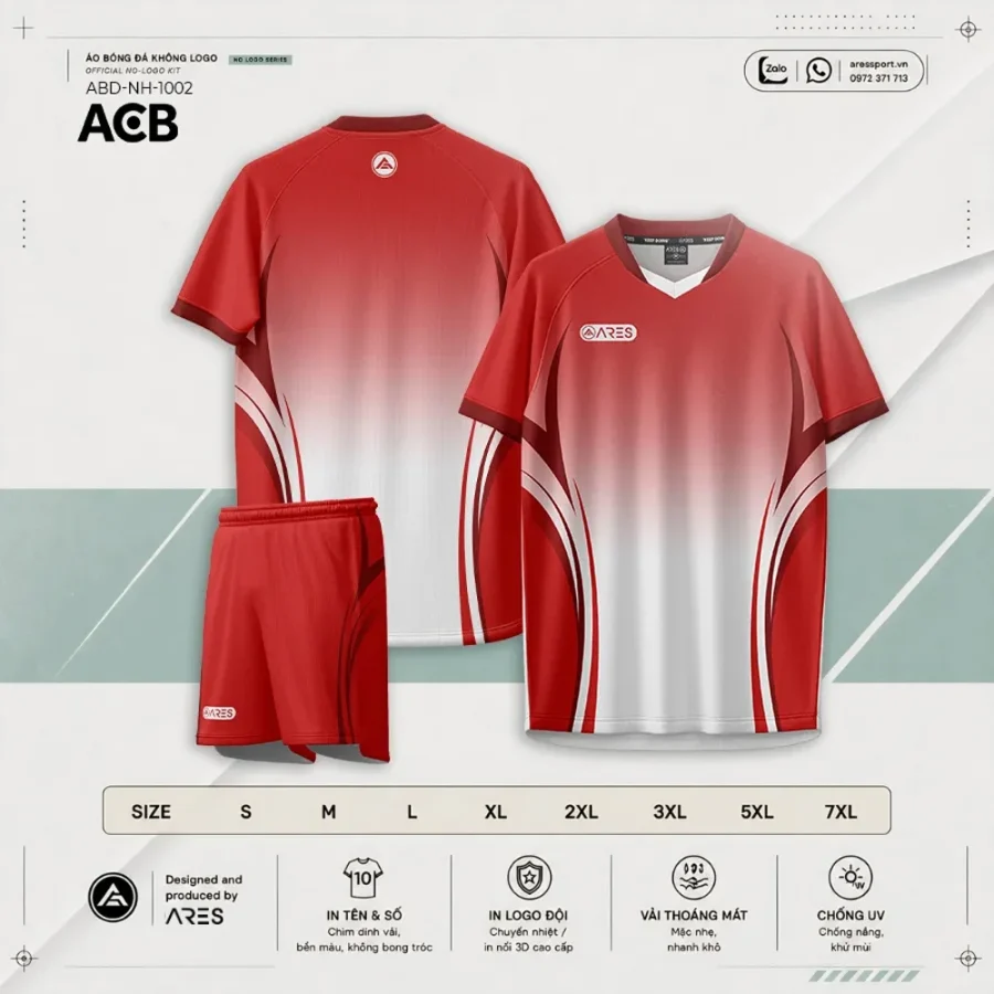 Catalog Áo bóng đá ngân hàng ACB đỏ ABD-NH-1002 — bộ áo quần đỏ tươi, bảng size S đến 7XL, thông số kỹ thuật ARES SPORT