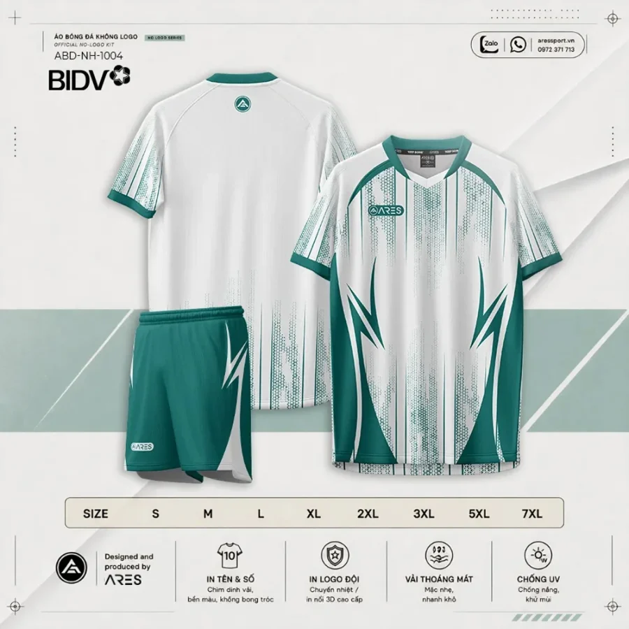 Catalog Áo bóng đá ngân hàng BIDV trắng ABD-NH-1004 — bộ áo quần trắng, bảng size S đến 7XL, thông số kỹ thuật ARES SPORT