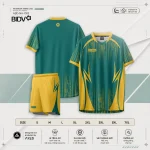 Catalog áo bóng đá ngân hàng BIDV xanh ABD-NH-1003 — teal xanh ngọc vàng gold, tia sét dọc halftone, cổ V vàng, size S–7XL