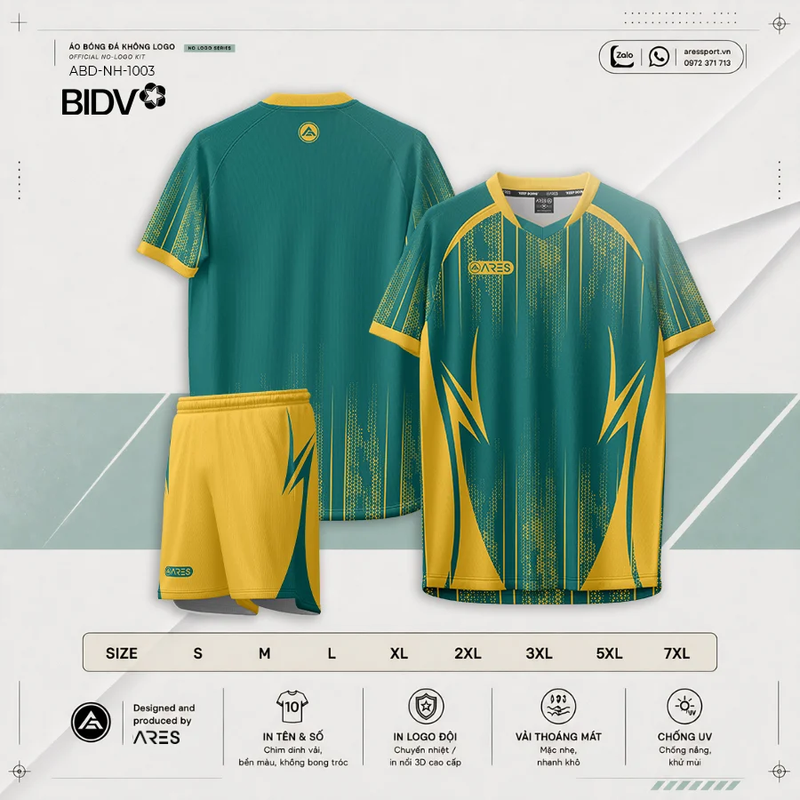 Catalog áo bóng đá ngân hàng BIDV xanh ABD-NH-1003 — teal xanh ngọc vàng gold, tia sét dọc halftone, cổ V vàng, size S–7XL