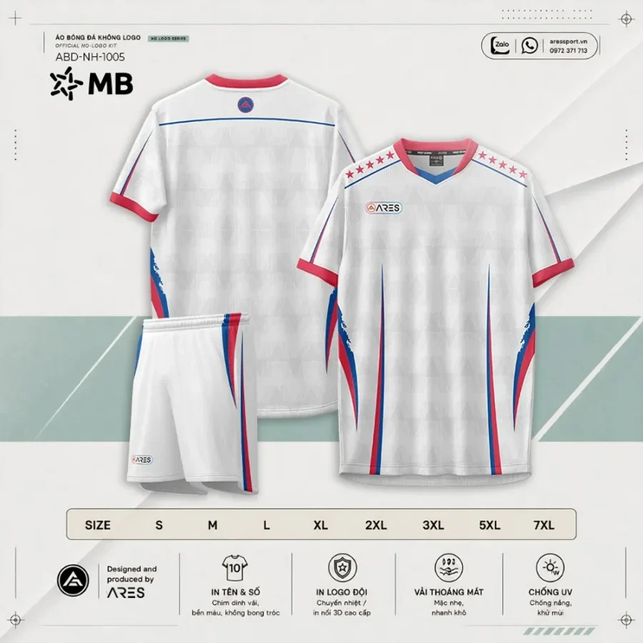 Catalog Áo bóng đá ngân hàng MBBank trắng ABD-NH-1005 — bộ áo quần trắng, bảng size S đến 7XL, thông số kỹ thuật ARES SPORT
