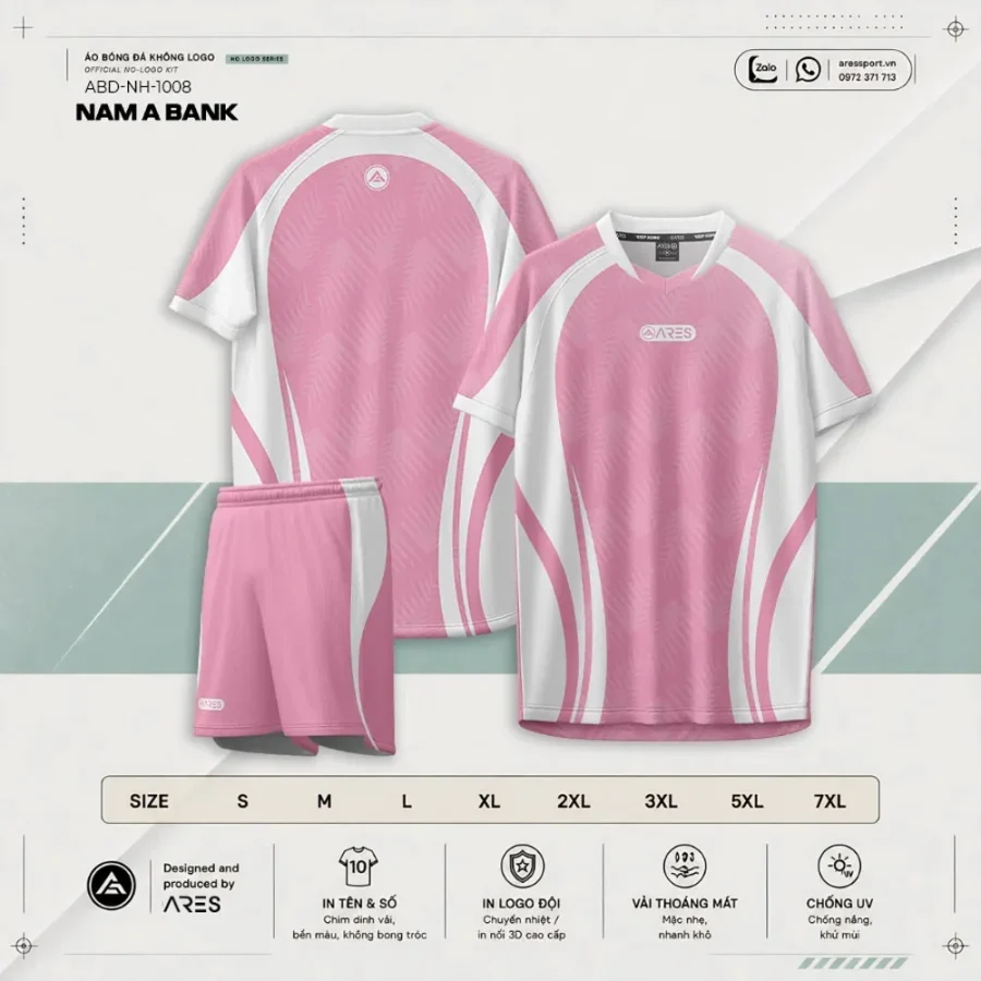 Catalog Áo bóng đá ngân hàng Nam A Bank hồng ABD-NH-1008 — bộ áo quần hồng pastel, bảng size S đến 7XL, thông số kỹ thuật ...