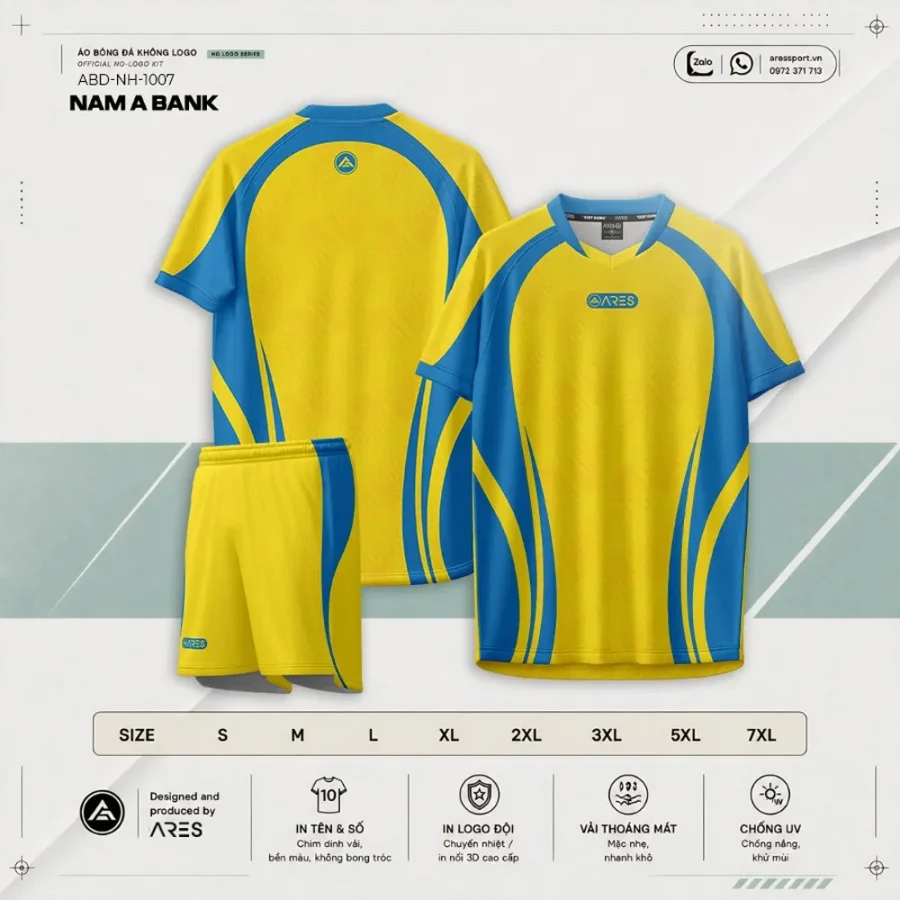 Catalog Áo bóng đá ngân hàng Nam A Bank vàng ABD-NH-1007 — bộ áo quần vàng sáng, bảng size S đến 7XL, thông số kỹ thuật AR...