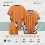 Catalog Áo bóng đá ngân hàng SHB cam góc nhìn thay thế — bộ áo quần cam sáng navy tím, bảng size S đến 7XL