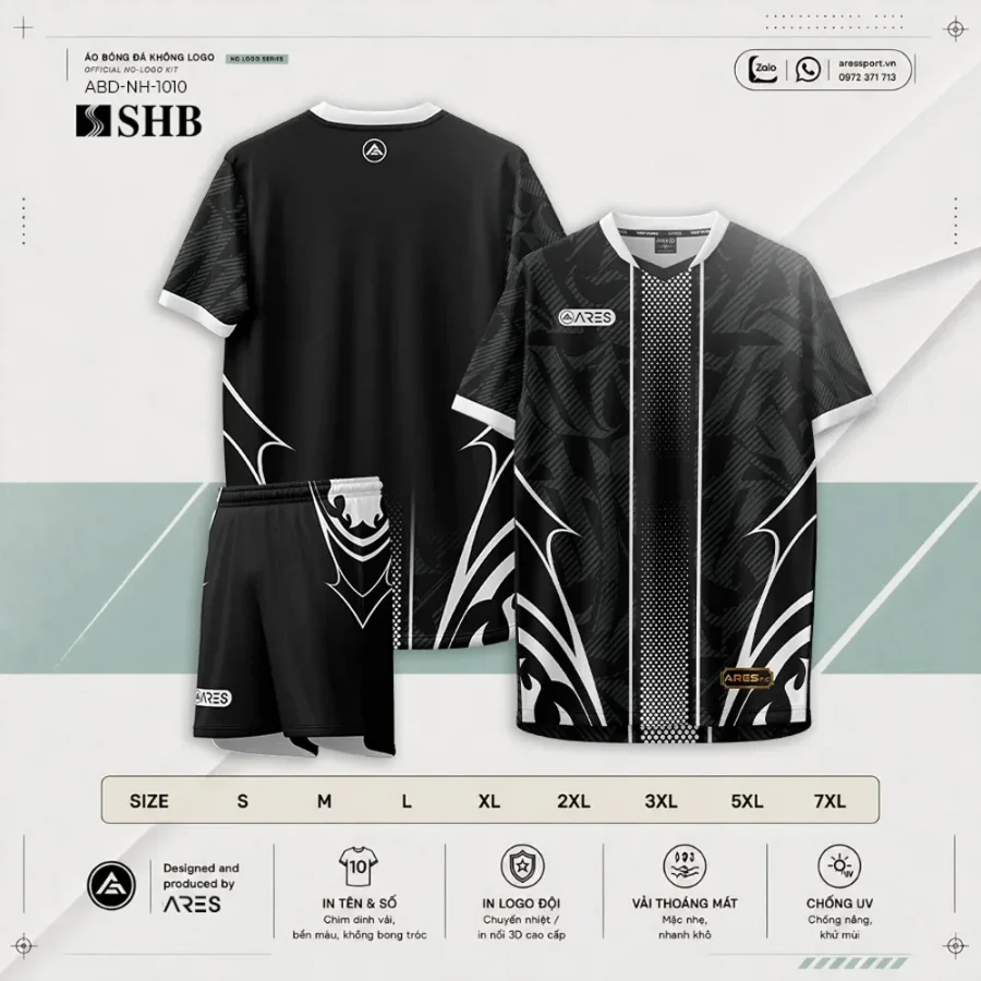 Catalog Áo bóng đá ngân hàng SHB đen ABD-NH-1010 — bộ áo quần đen, bảng size S đến 7XL, thông số kỹ thuật ARES SPORT