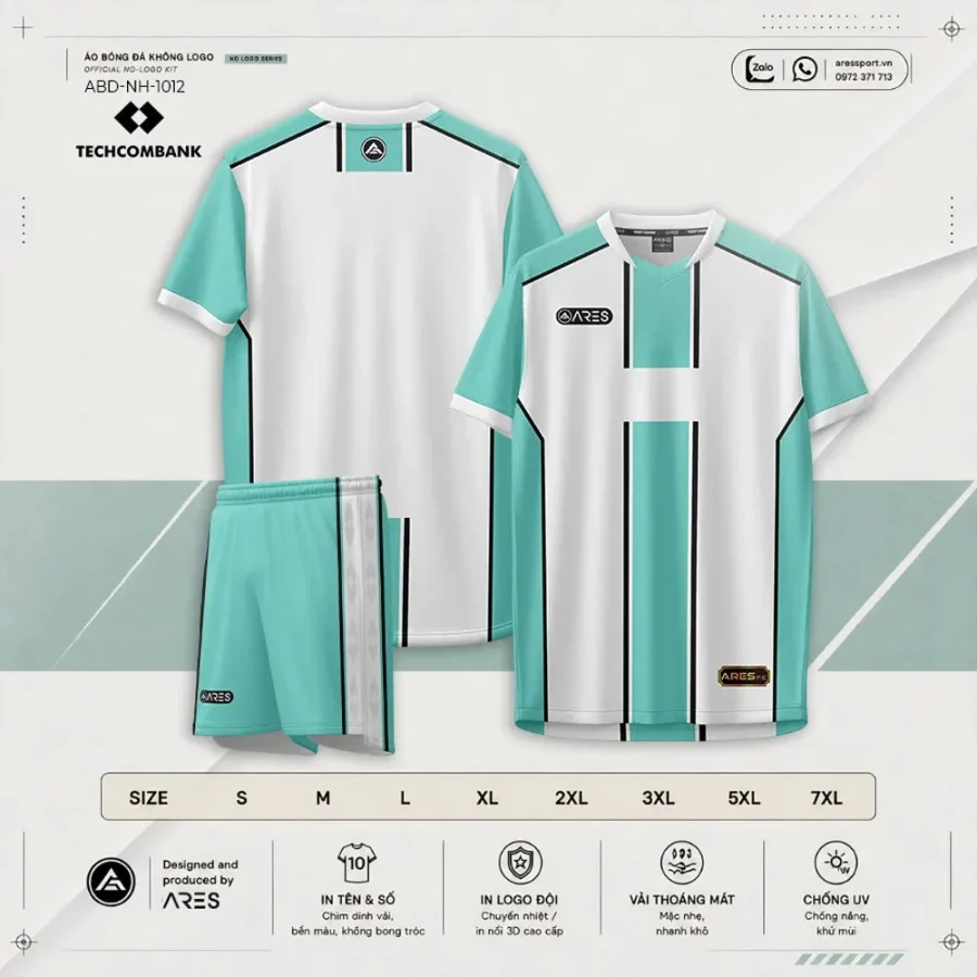 Catalog Áo bóng đá ngân hàng Techcombank xanh ABD-NH-1012 — bộ áo quần trắng, bảng size S đến 7XL, thông số kỹ thuật ARES ...