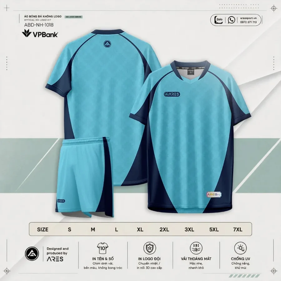 Catalog Áo bóng đá ngân hàng VPBank xanh da ABD-NH-1018 — bộ áo quần xanh da trời sky blue, bảng size S đến 7XL, thông số ...
