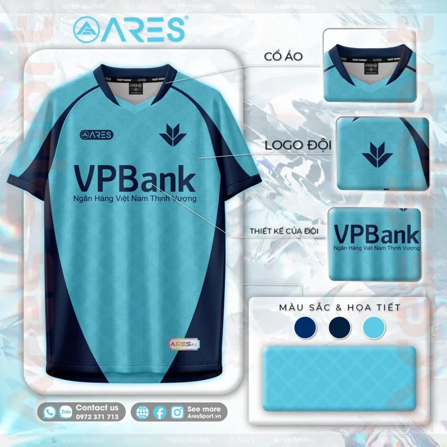 Áo bóng đá ngân hàng VPBank xanh da với callout 4 chi tiết — cổ áo, logo đội, thiết kế, pantone xanh da trời sky blue navy...