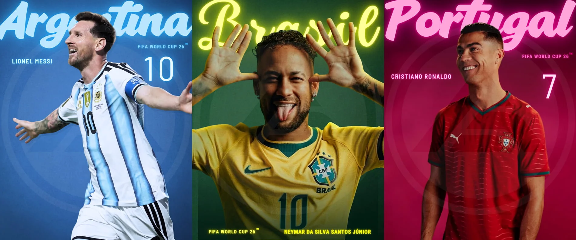 Áo đấu ba đội tuyển Argentina, Brazil và Bồ Đào Nha tại World Cup 2026 với Messi, Neymar và Ronaldo đại diện Adidas, Nike, Puma