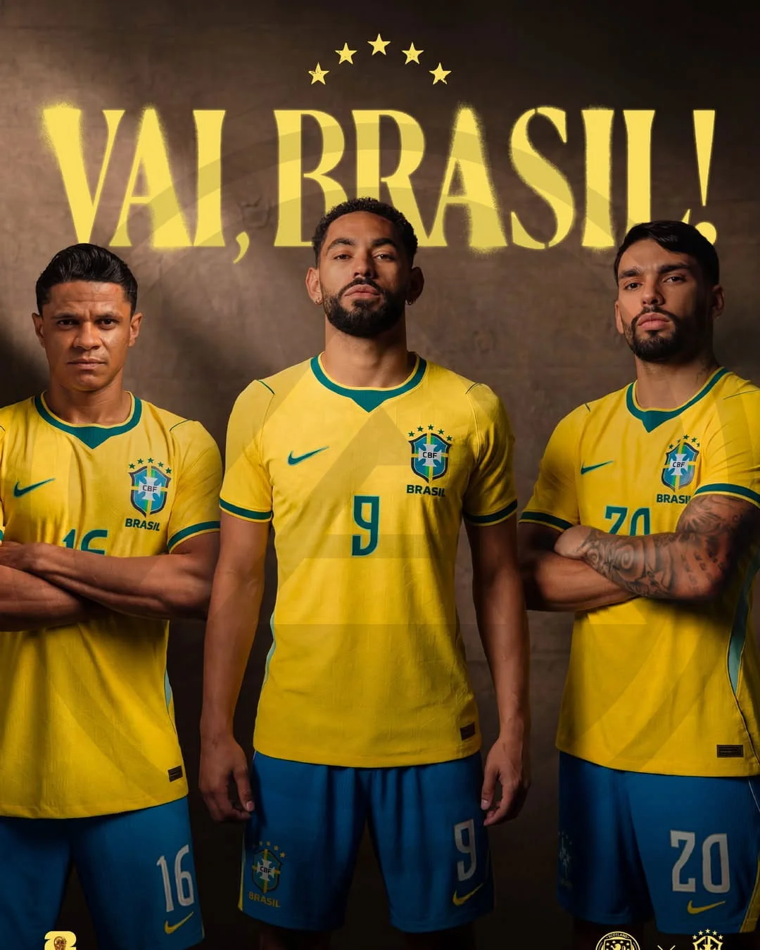 Ba cầu thủ Brazil khoác bộ áo đấu vàng quần xanh của Nike trong khẩu hiệu Vai Brasil