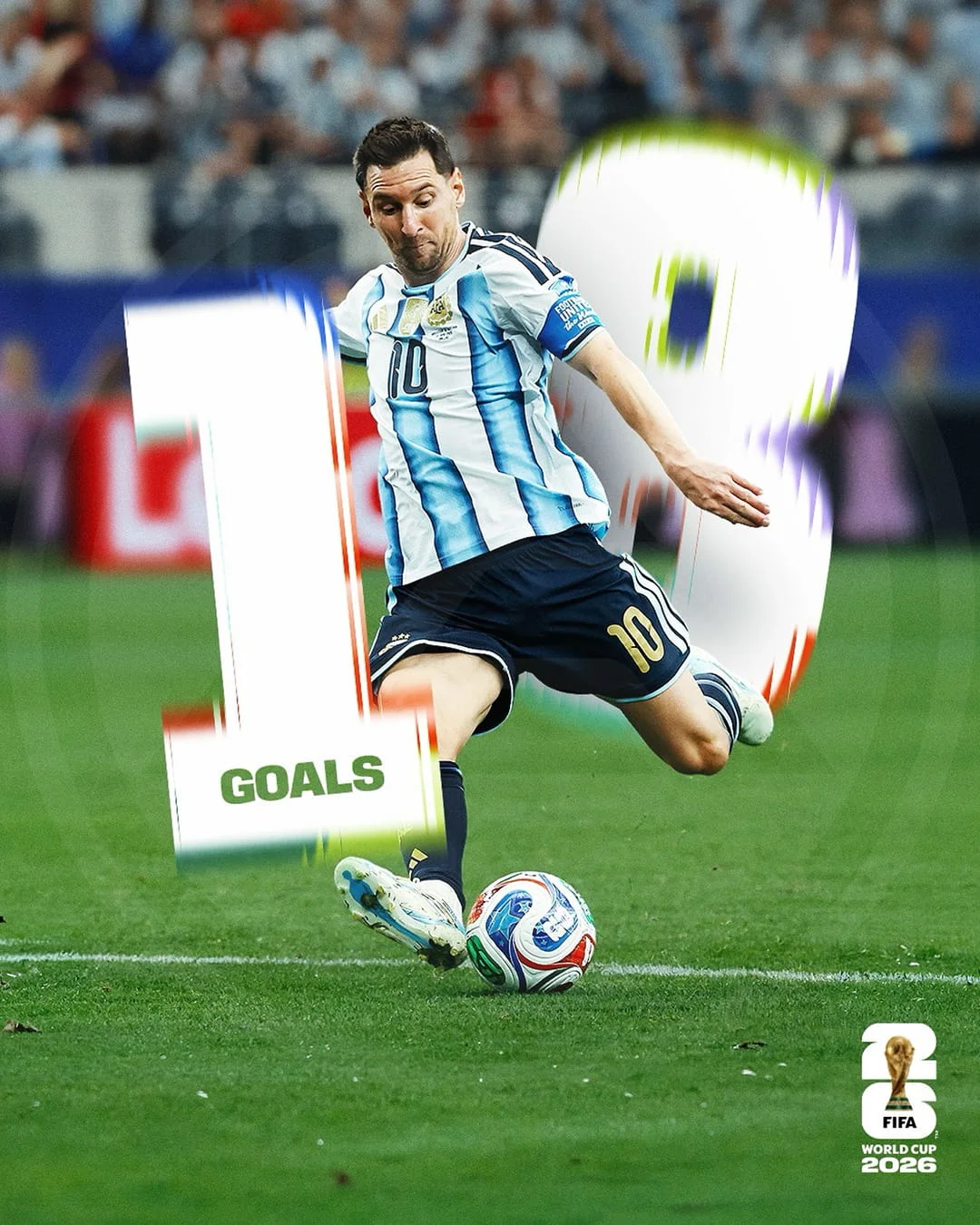 Đồ họa FIFA mừng cột mốc 18 bàn thắng World Cup của Messi trong màu áo Argentina Adidas