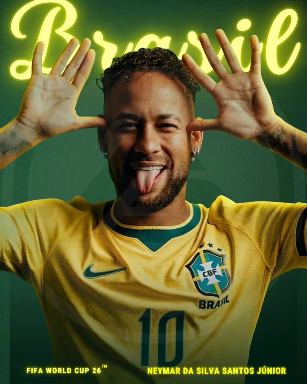 Neymar mặc áo vàng canary Brazil số 10 của Nike với logo CBF, tạo dáng vui nhộn