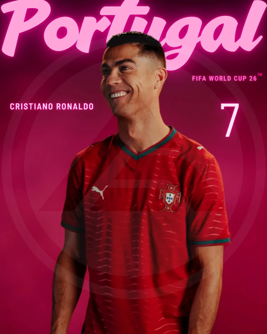 Ronaldo mặc áo đấu Bồ Đào Nha 2026 màu đỏ của Puma số 7, thấy rõ logo Puma và họa tiết sóng biển