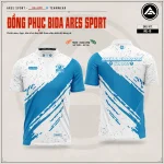 Áo bida Azure Splash nền trắng phối mảng xanh dương và nhát cọ, logo Billiards Club, mặt trước và mặt sau — ARES SPORT