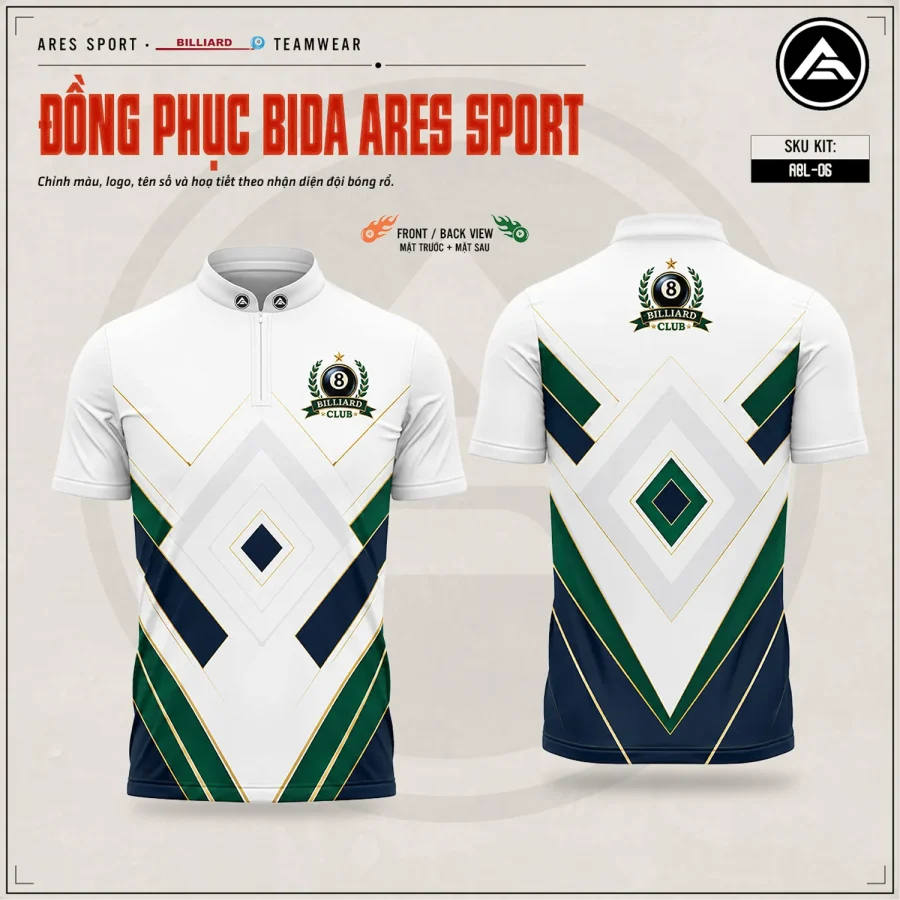 Áo bida Champion Crest trắng phối navy xanh lá viền vàng, kim cương, logo Billiard Club, mặt trước và mặt sau — ARES SPORT